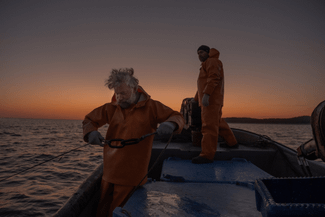 Fishermen Jānis Spārniņš and Raivis Zaļais from the village of Jūrmalciems. May 2024. 