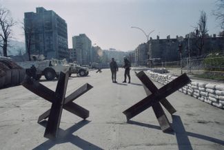 The UN line dividing Serb and Bosnian positions in Sarajevo. April 1994.
