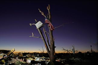 Американский флаг застрял на дереве после торнадо в Мэйфилде