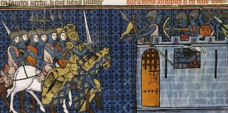 Карл Великий осаждает город Ажен, где засели сарацины. Ими командует Аголан (в белой повязке-тюрбане) — их легендарный король, один из антигероев многочисленныхсредневековых преданий. На красном щите у четвертого воина на башне видна дьявольская морда. Большие французские хроники. Париж, 1332–1350 годы