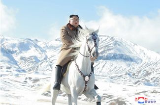 North Korean Supreme Leader Kim Jong-un rides a white horse to the sacred Paektu Mountain at the border between North Korea and China. October 16, 2019.