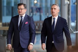 Ukrainian Foreign Minister Dmytro Kuleba (left) and NATO Secretary General Jens Stoltenberg at a meeting of NATO Foreign Ministers at the Alliance’s headquarters in Brussels.