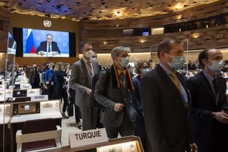 International diplomats perform a walk out during Russian Foreign Minister Sergey Lavrov’s speech to the United Nations Human Rights Council. Geneva, Switzerland, March 1, 2022. 