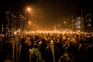 A torchlight procession in Riga in celebration of Latvia’s Independence Day. This is an annual event organized by the National Alliance.