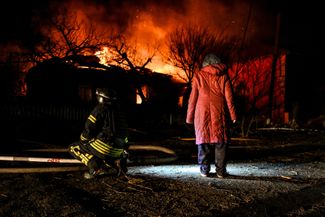 Houses burned after a Russian drone strike on Zaporozhye, March 16, 2026.