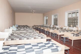 The barracks where the prisoners live. Conditions in the camp are monitored by representatives of the Red Cross who visit regularly