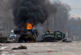 The aftermath of a battle in Kharkiv.