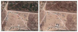 Satellite images of the construction of a military camp near the Bamako airport. December 2021 on the left; February 2022 on the right.