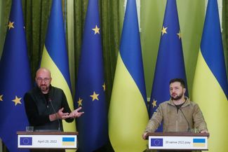 Шарль Мишель и Владимир Зеленский на пресс-конференции по итогам переговоров в Киеве