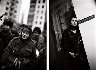 Слева: чеченские сепаратисты, январь 1995 года. Справа: женщина с пистолетом-пулеметом Uzi. Март 1995 года
