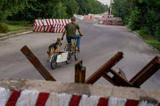 Велосипедист с собакой проезжает мимо баррикад в подконтрольном Украине городе Дружковка Донецкой области. На баррикадах можно разглядеть надпись: «Слава ВСУ»