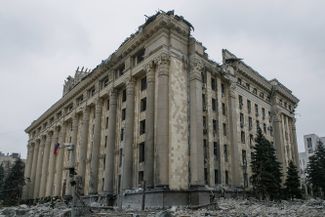 The building of Kharkiv’s regional administration, which came under fire today. Ukrainian authorities said six bodies were recovered from the rubble.