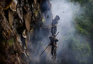 Members of the Lisu people, a Tibeto-Burman ethnic group in China, gather wild honey in the mountains of Yunnan. May 11, 2019.
