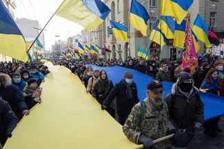 Демонстрация против российской агрессии. Прошла в Харькове 5 февраля 2022-го года — менее чем за месяц до начала полномасштабной войны