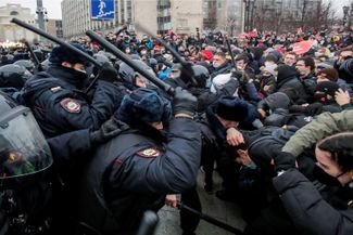 Clashes between protesters and police during protests in support of Alexey Navalny in Moscow. January 23, 2021.