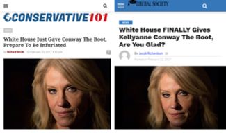 Тексты о Келлиэнн Конуэй на сайтах Conservative 101 (слева) и Liberal Society (справа) также проиллюстрированы одной и той же фотографией советницы Трампа
