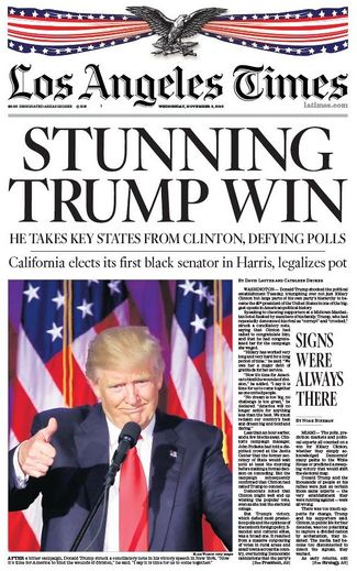 Los Angeles Times: «Трамп побеждает. Он перехватил у Клинтон ключевые штаты, опровергнув результаты опросов»