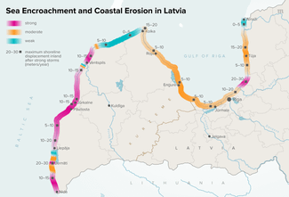 The most vulnerable section of Latvia’s 500-kilometer-long (311-mile) coastline is the approximately 100-kilometer (62-mile) stretch in the Kurzeme region’s west and southwest. It begins near Nida, a village practically on the border with Lithuania, and ends just above the city of Ventspils.