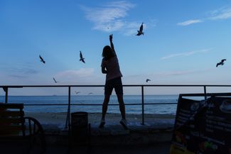 Женщина кормит птиц на берегу Черного моря в Одессе. Пляжи города все еще закрыты для посещения