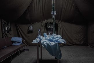 A canvas tent in the “red zone” of the hospital, where patients with suspected cases of the coronavirus infection are examined