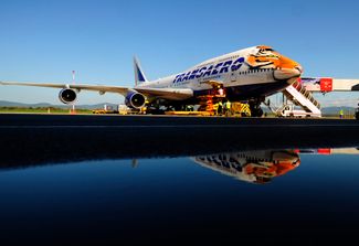 Boeing 747 авиакомпании „Трансаэро“, носовая часть которого украшена изображением амурского тигра, в аэропорту Владивостока, сентябрь 2016 года. Лайнер в этой ливрее после закрытия „Трансаэро“ сначала несколько лет стоял на аэродроме в Испании, потом был переоборудован в „грузовик“ в ОЭА и теперь будет передан компании Terra Avia из Молдовы