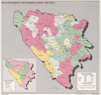 1997 год. Карта распределения национальностей в Боснии и Герцеговине по данным переписи 1991 года