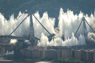 A controlled explosion on June 28, 2019, demolishes the Ponte Morandi viaduct in Genoa. In August 2018, a section collapsed during a rainstorm and killed 43 people.