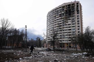 A residential building that came under artillery fire in Chernihiv.