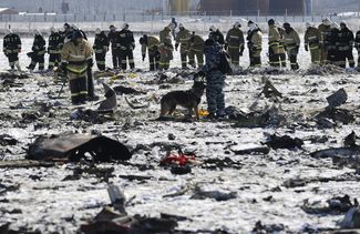Сотрудники полиции и МЧС России осматривают место крушения Боинга-737 в Ростове-на-Дону, 29 марта