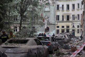 A destroyed apartment building in Lviv