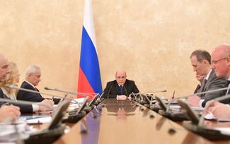 Prime Minister Mikhail Mishustin at a meeting of the federal government’s coronavirus task force at Russia’s House of Government in Moscow on April 1, 2020