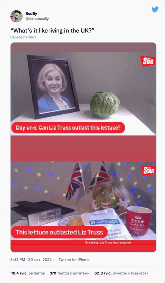 «Каково это — жить в Великобритании?» / «День первый: сможет ли Лиз Трасс продержаться дольше, чем салат-латук?» / «Салат-латук пережил Лиз Трасс» 