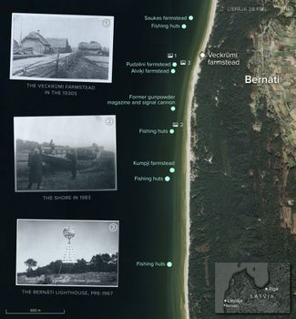 What’s been lost to the sea in the village of Bernāti. The locations of the buildings that were washed away are based on a map of the area compiled in 1935 and information from local historian Andris Maisis. 