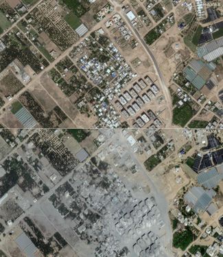 Аль-Ататра — пригород Бейт-Лахии — находится на северо-западе сектора Газа. Верхнее фото сделано 10 мая 2023 года, нижнее — 21 октября 2023 года