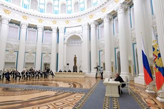 Открытое заседание Совета безопасности РФ, после которого Путин объявил о признании независимости самопровозглашенных ДНР и ЛНР. Москва, 21 февраля 2022 года