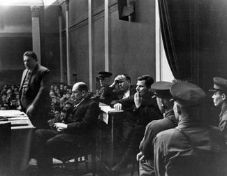 Court scene at the trial of Konstantin Semenchuk and Stepan Startsev, Moscow, May 1936. The Moscow Trials, part of the Great Terror, were a series of show trials held between 1936 and 1938. The proceedings led to the execution of most Old Bolsheviks, Trotskyists, and other opposition figures within the Communist Party.
