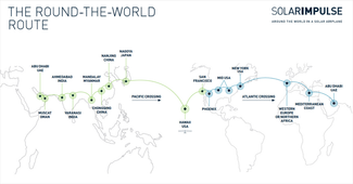 Карта полета Solar Impulse 2. Путешествие началось в ОАЭ (самая левая точка на карте) и прошло через Индию, Китай, Японию, США и Европу.