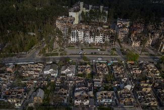 A drone shot of destroyed homes in Irpin, a suburb of Kyiv. May 2022