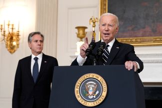 Президент США Джо Байден выступает в Белом доме с заявлением в связи с атакой боевиков ХАМАС на Израиль. 7 октября 2023 года