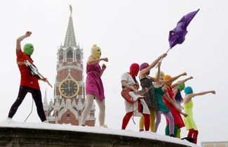 On January 20, Pussy Riot performed on Moscow’s Red Square. They sang their song “Putin has Pissed Himself” while standing on the Lobnoye Mesto platform, which was once where royal decrees were announced and public executions were held. The Pussy Riot members were later detained by police, but they were released by evening. 