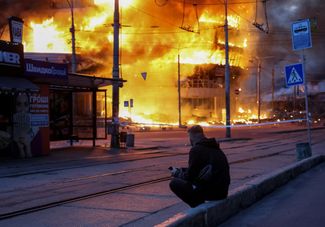 A Kiev resident at the site of the Russian raid on the Kvadrat shopping center, May 24, 2026