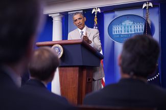 Президент США Барак Обама на пресс-конференции по вопросу конфликта на Украине. 28 августа 2014 года <br>