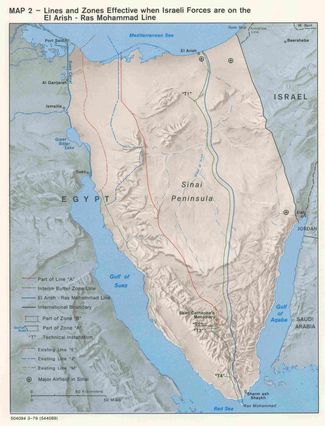 1979 год. Карта разграничения Синайского полуострова по Кэмп-Дэвидскому договору между Израилем и Египтом.