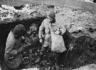 Two boys find a stash of potatoes during the Holodomor, the man-made famine in Ukraine, spring 1934. An elderly woman hid the potatoes before being discovered and deported to Siberia. Secret police overlooked her cache of food.