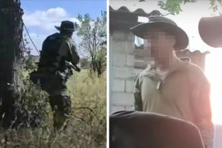 Скриншоты из документального фильма прокремлевского ютьюб-канала «Расследования и портреты», на которых военный в шляпе находится в разных местах вместе с другими бойцами «Ахмата».
