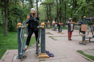 Women at a workout park in Bishkek, September 2023