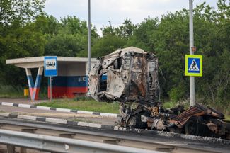 Burnt truck as a result of a drone attack on the Donetsk-Mariupol highway, June 19, 2026