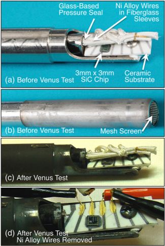 Снимки микросхемы до тестов в условиях атмосферы Венеры — и после