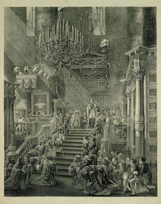 Coronation of Nikolai I in Uspensky Sobor, Moscow, 1826. Engraving by an unknown artist.