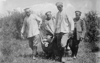 Погибших русских солдат уносят с поля боя. 1915 год
